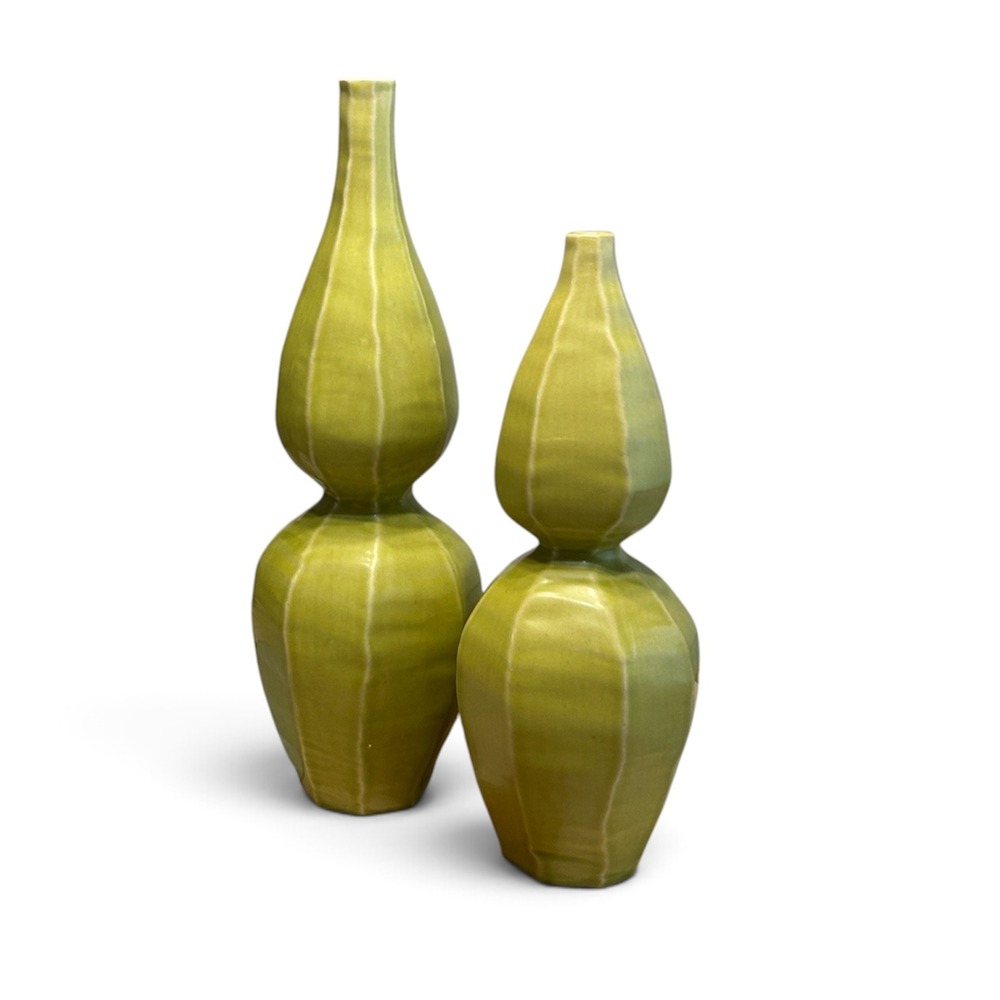 Jonathan Adler Copenhagen Bottle Vase Set Chartreuse Green Faceted Ceramic RARE